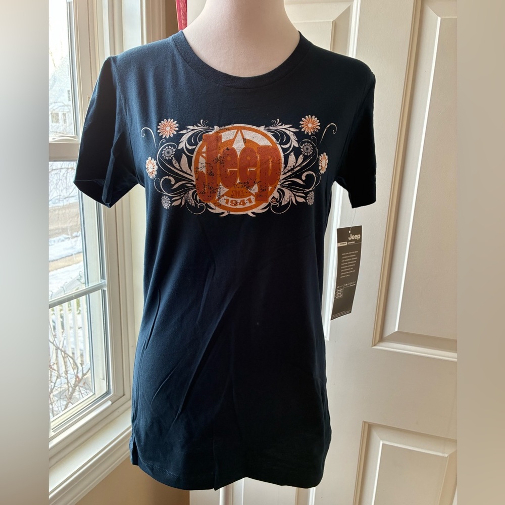 Jeep Women's Graphic Logo Cotton T-Shirt Crew Neck Navy Blue/Orange Size L NWT